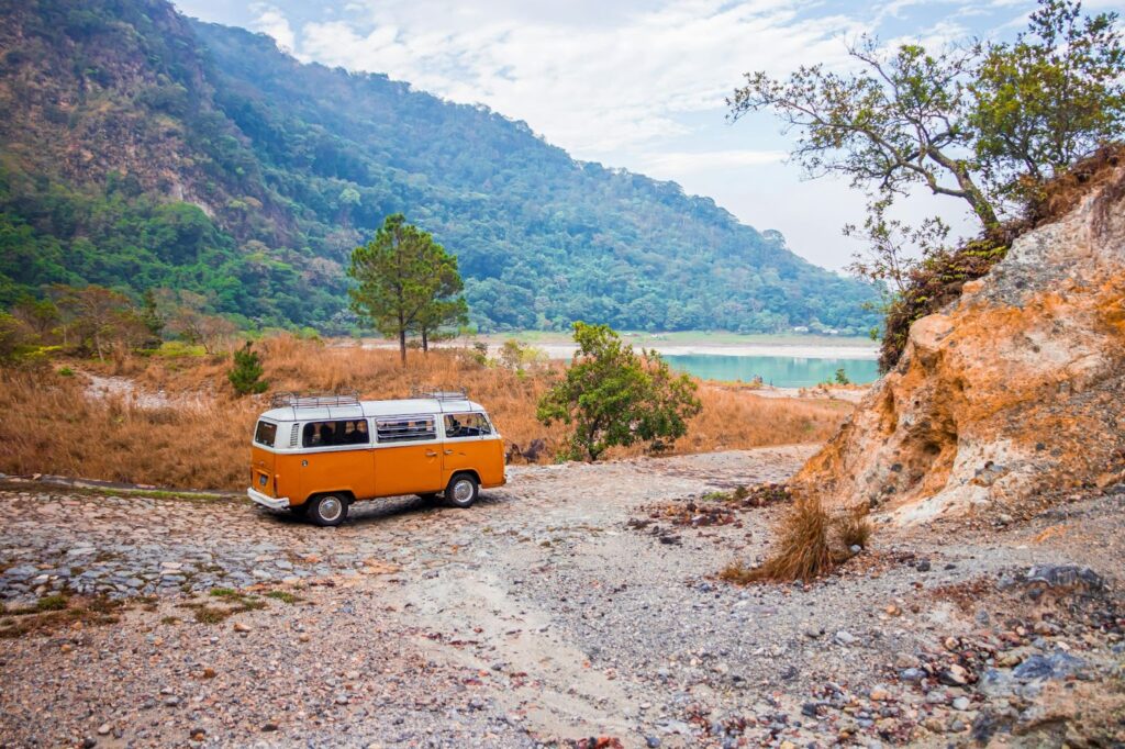 van on unpaved road